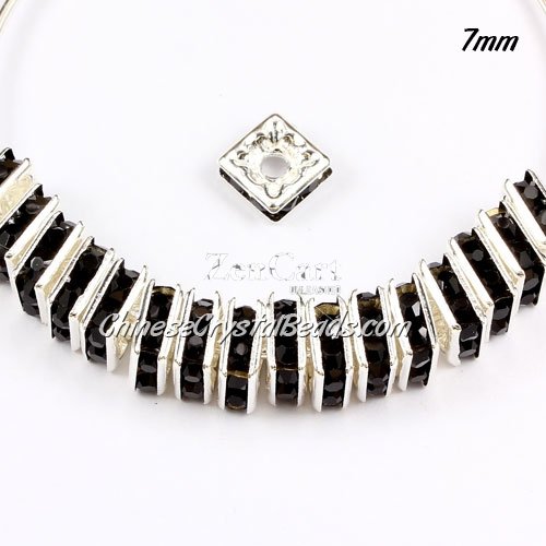 8mm crystal rhinestone inchsquareinch rondelle spacers, silver-plated, black rhinestone, 20pcs