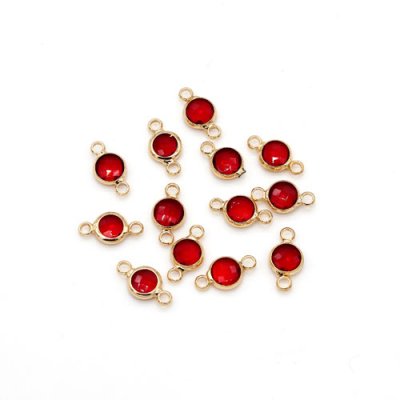 5Pcs 6x12mm red Round Glass crystal Connecter Bezel pendant, Drops Gold Plated Two Loops