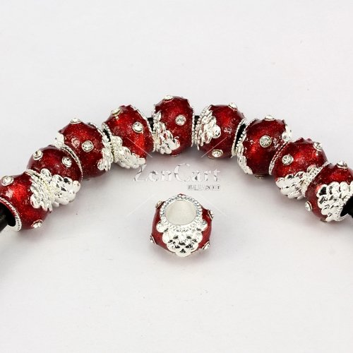Alloy European Beads, rondelle, 9x13mm, hole:6mm, pave clear crystal, red painting, silver plated, 1 piece