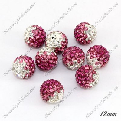 AAA quality Premium Pave style half drilled beads crystal, round, 12mm, hole: 1mm, white & pink & fuchsia, sold by 1 pc