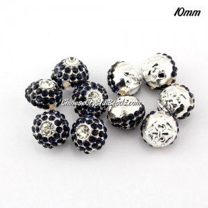 Alloy rondelle Pave disco beads, 10mm, 1.5mm hole, dark blue, sold 10pcs