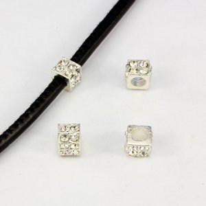 Alloy European Beads, square, 6x10mm, hole:5mm, pave clear crystal, silver plated, 1 piece