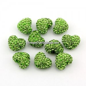 Pave heart beads, clay, 13x15mm, 1.5mm hole, green, 1pcs
