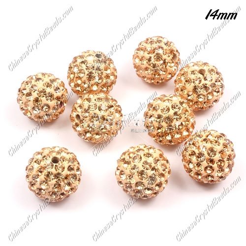 9Pcs 14mm Pave Crystal Disco #Clay Ball Rhinestone Bead, peach, hole: 1.8mm