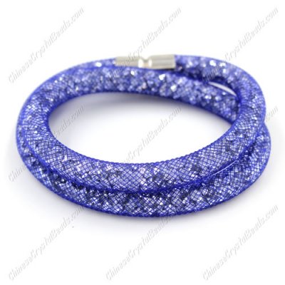 Double wrap Stardust Mesh Bracelet, blue mesh and clear Rhinestone, width:8mm