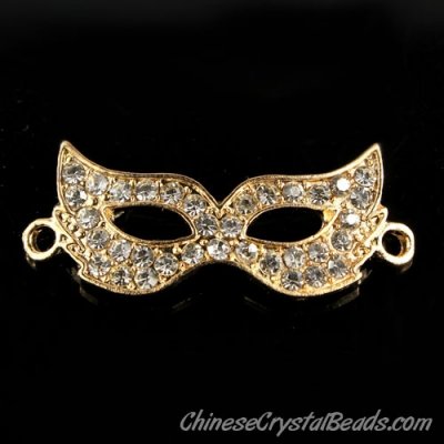 Crystal pave mask, gold plated brass, connector link fit braided bracelet DIY finding, 44x18mm, sold 1 pcs