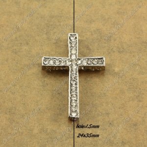 alloy Pave cross Charms, 24x35mm, hole: 1.5mm, platinum plated alloy, 1pcs