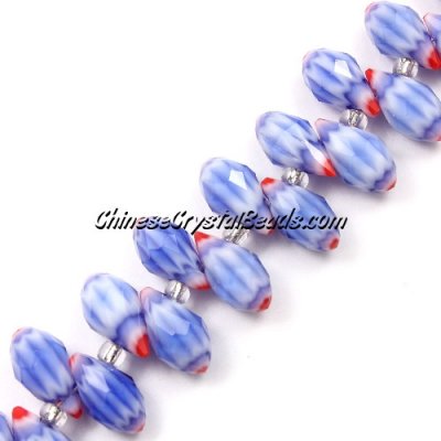 Millefiori Crystal Briolette bead strand, sapphire/red, 6x12mm, 20 beads