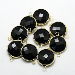 5Pcs black Round Glass crystal Connecter Bezel pendant, 20x13mm, Drops Gold Plated Two Loops