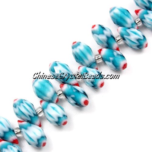 Millefiori Crystal Briolette bead strand, Aqua/red, 6x12mm, 20 beads