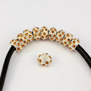 Alloy European Beads, rondelle, 6x11mm, hole:5mm, pave amber crystal, silver plated, 1 piece