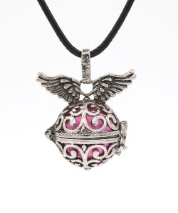 Angel wings Harmony Ball Pendant Women Necklace with 30 inchChain For Pregnant Women, antique silver plated brass, 1pc