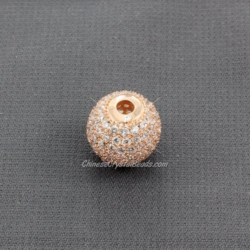 Cubic Zirconia Pave Beads, round, 12mm, hole, 2.5mm, 18k rose gold plated, 1 pieces