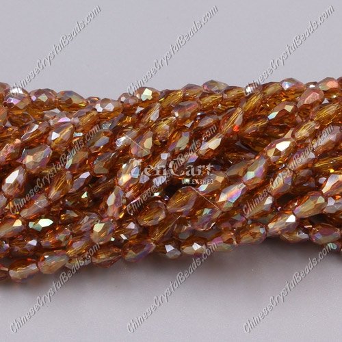 Chinese Crystal Teardrop Beads Strand, Smoke topaz AB, 3x5mm, about 100 Beads