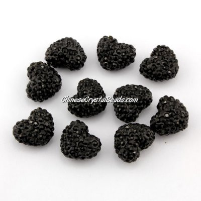 Pave heart beads, clay, 13x15mm, 1.5mm hole, black, 1pcs