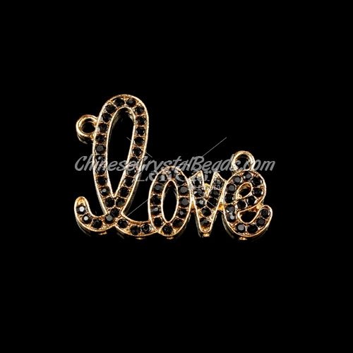 Rhinestone Pave Beads, rose gold-plated, love, 32x42mm, black, sold 1pcs