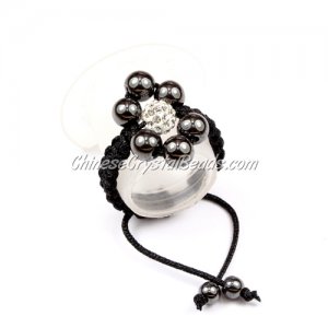 Pave flower ring, 6mm hematite beads and 6mm pave beads, white