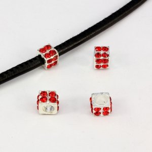 Alloy European Beads, square, 6x10mm, hole:5mm, pave red crystal, silver plated, 1 piece