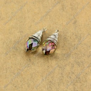 Wire Working Briolette Crystal Beads Pendant, 6x12mm, green and purple light, 1 pcs