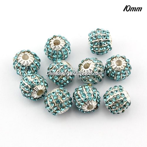 alloy pave disco beads, 10mm, 1.5mm hole, 60 crystal stone, aqua, sold 10 pcs