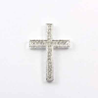 pave alloy cross, silver plated, 27x38mm, hole: 1.5mm, 1 pcs