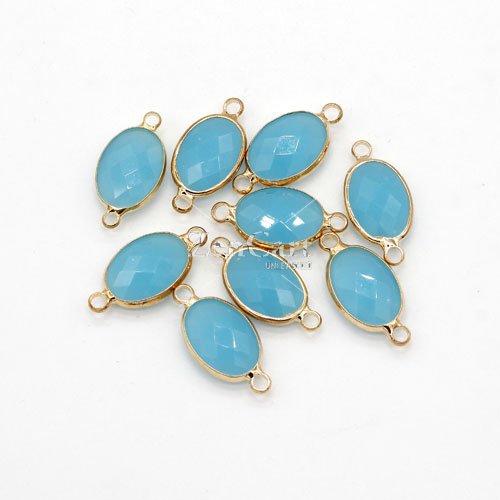 5Pcs 10x21mm aqua jade oval Glass crystal Connecter Bezel pendant, Drops Gold Plated two Loops