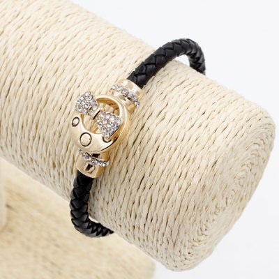 Black Genuine Leather Cord Bracelet, Rose gold Plated Bow Magnetic clasp