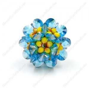 3D beaded flower ball, auqa and yellow, width:33mm, 1 pc