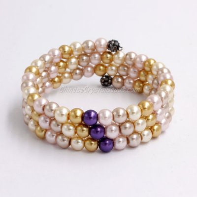 Memory Wire Bracelet, 6mm glass pearl beads, #005