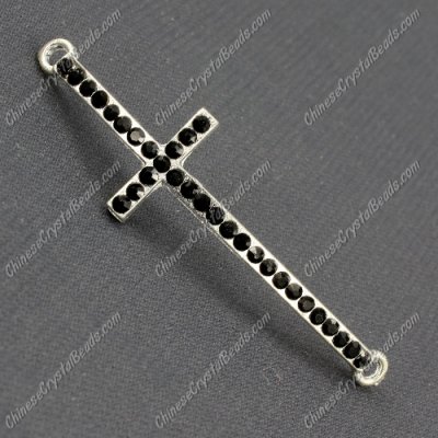 Pave cross Charms, alloy silver plated, 14x50mm, hole: 2mm, black, 1pcs