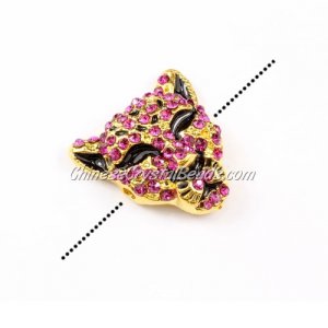 Pave accessories, leopard head, 22x22mm, hole 2mm, gold-plated, fuchsia, Sold 1pcs