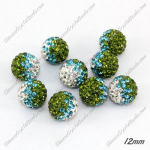 AAA quality Premium Pave style half drilled beads crystal, round, 12mm, hole: 1mm, white & aqua & Olive green, sold by 1 pc