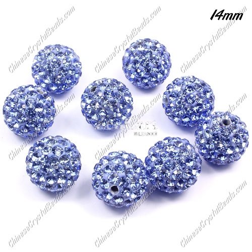 9Pcs 14mm Pave Crystal Disco #Clay Ball Rhinestone Bead, light sapphire, hole: 1.8mm