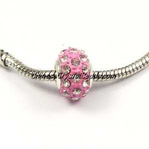 European Beads, alloy Rhinestone, Pink, 8x14mm, sold 10 pcs