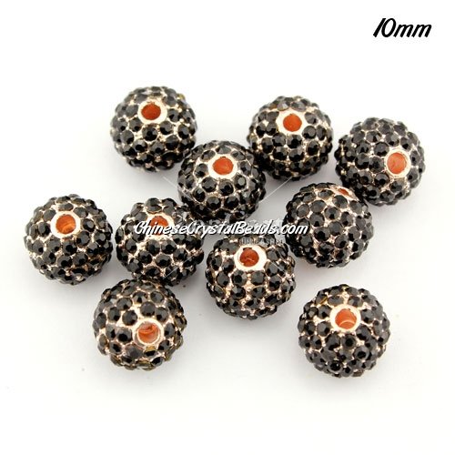 alloy pave disco beads, 10mm, 1.5mm hole, 80pcs black crystal stone, rose gold plated, sold per pkg of 10pcs