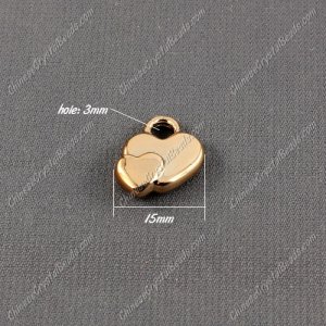 CCB Plastic Beads, golden color, two heart pendant, 15x15x5mm, hole:3mm, sold per pkg of 50pcs