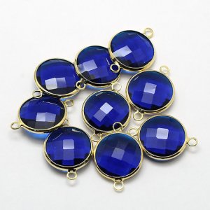 5Pcs sapphire Round Glass crystal Connecter Bezel pendant, 20x13mm, Drops Gold Plated Two Loops