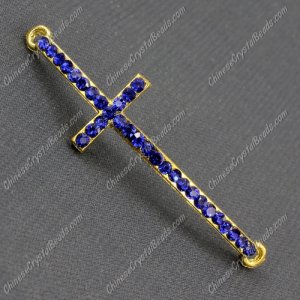 Pave cross Charms, alloy gold-plated, 14x50mm, hole: 2mm, sapphire, 1pcs