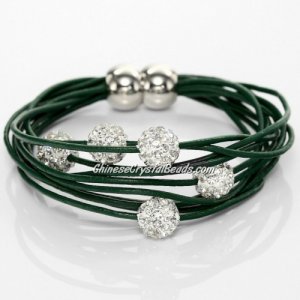 Pave Clay Bead Multi Strand Leather Magnetic Bracelet Green
