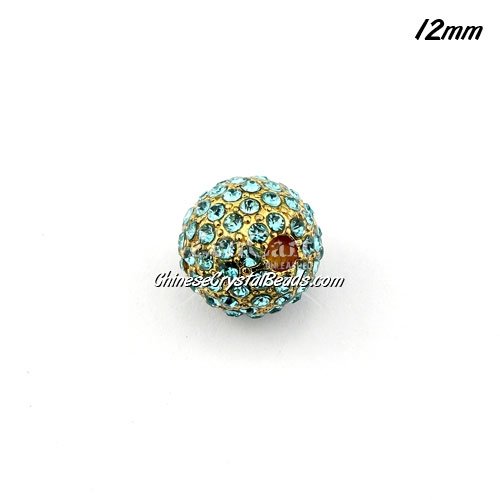 alloy pave disco beads, aqua crystal stone, gold-plated, 12mm, 2mm hole, sold 9pcs